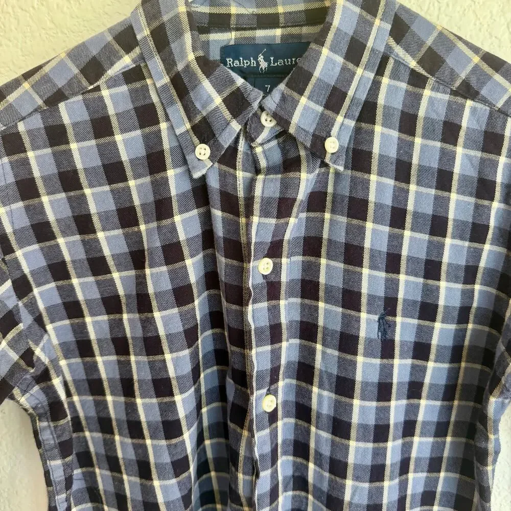 Ralph Lauren pony logo boys blue plaid button down sz 7 🐎🏇